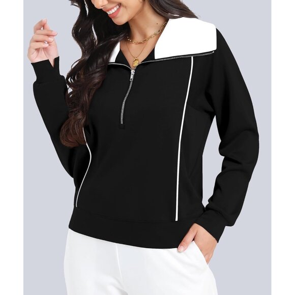 Womens Fashion Half Zip Oversized Sweatshirts Contrast Zipper Pullover Hoodies - Picture 2 of 6